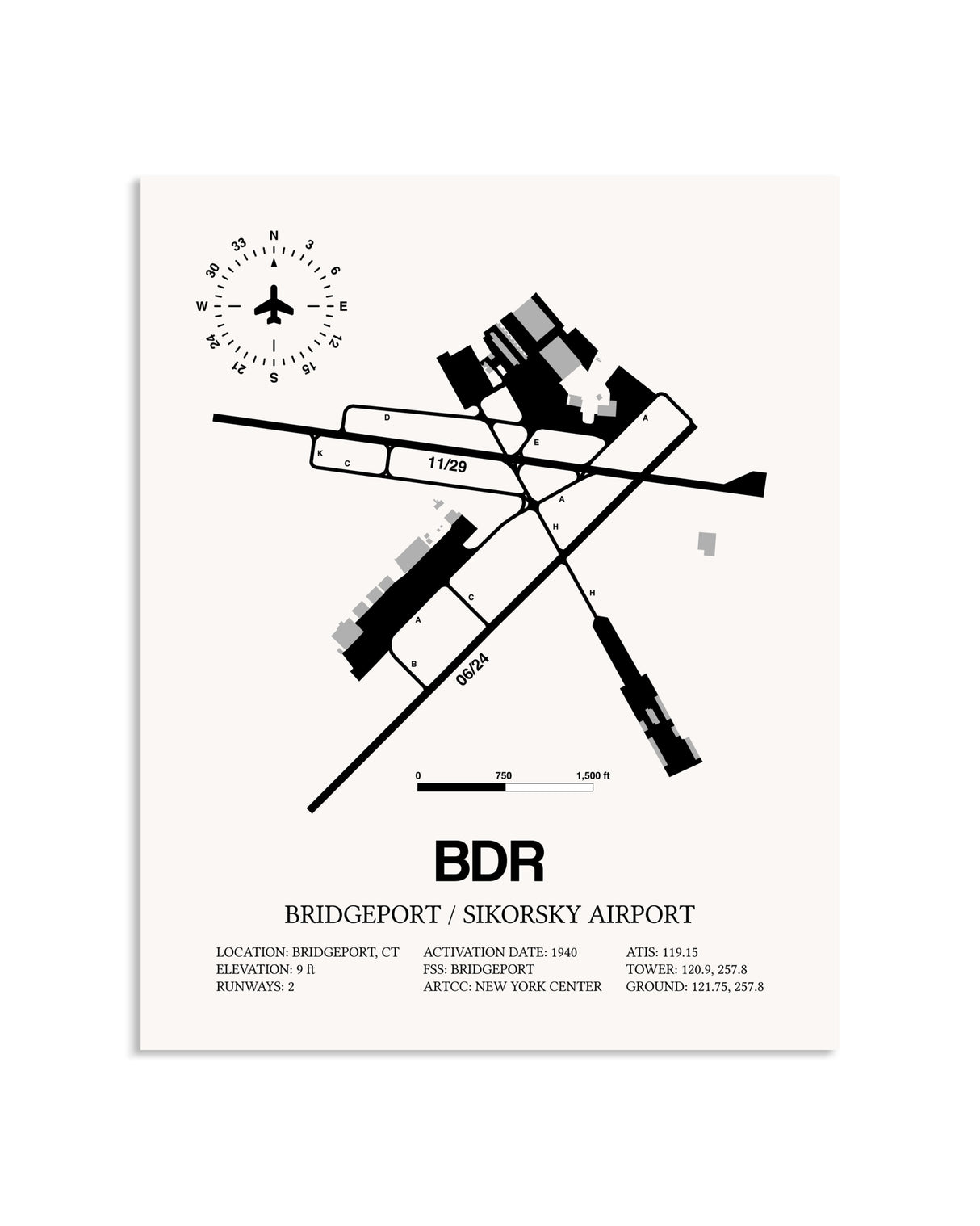 Gray Bridgeport / Sikorsky Airport framed poster displayed in an airplane hangar