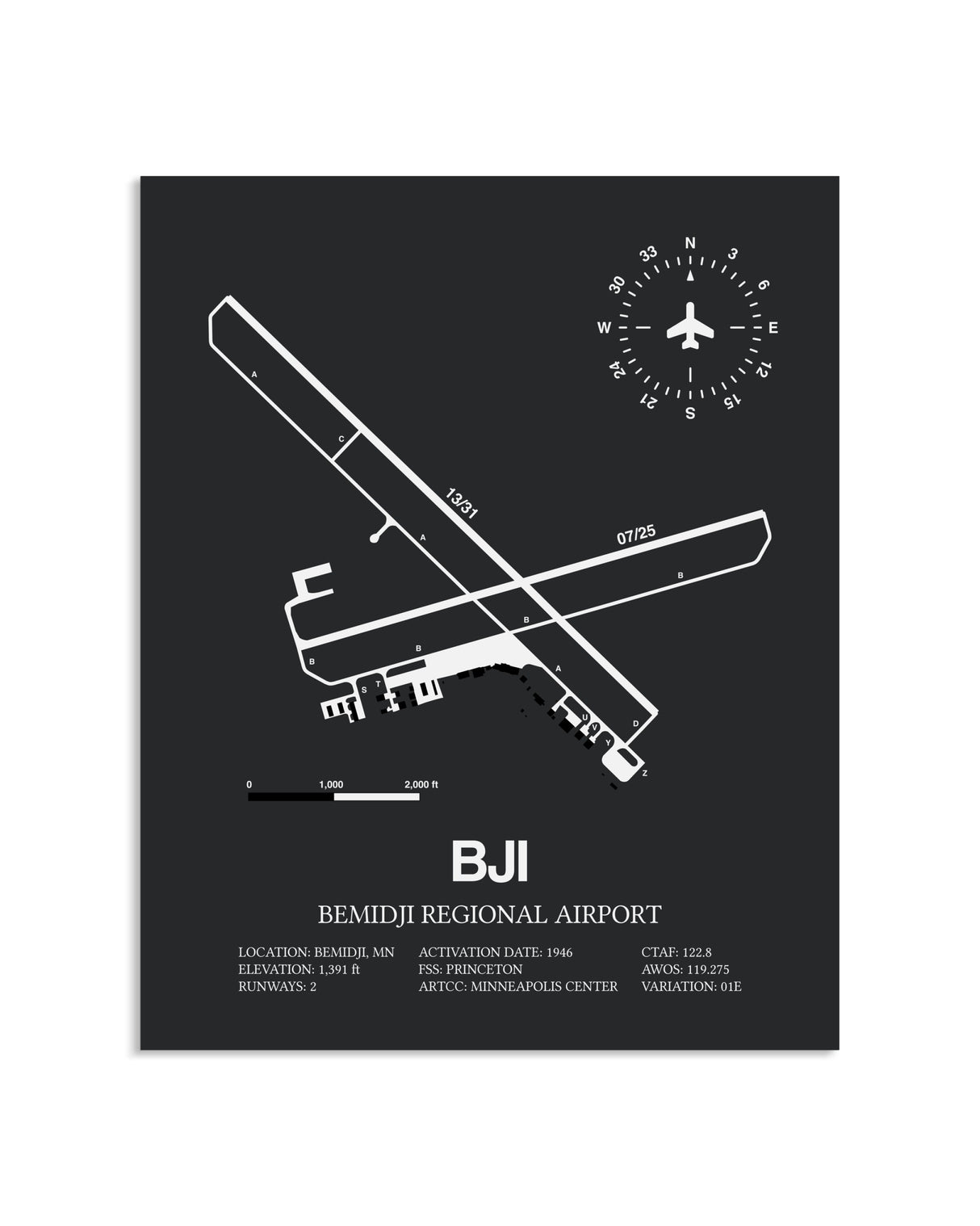 Gray Framed Bemidji Regional Airport layout wall art poster