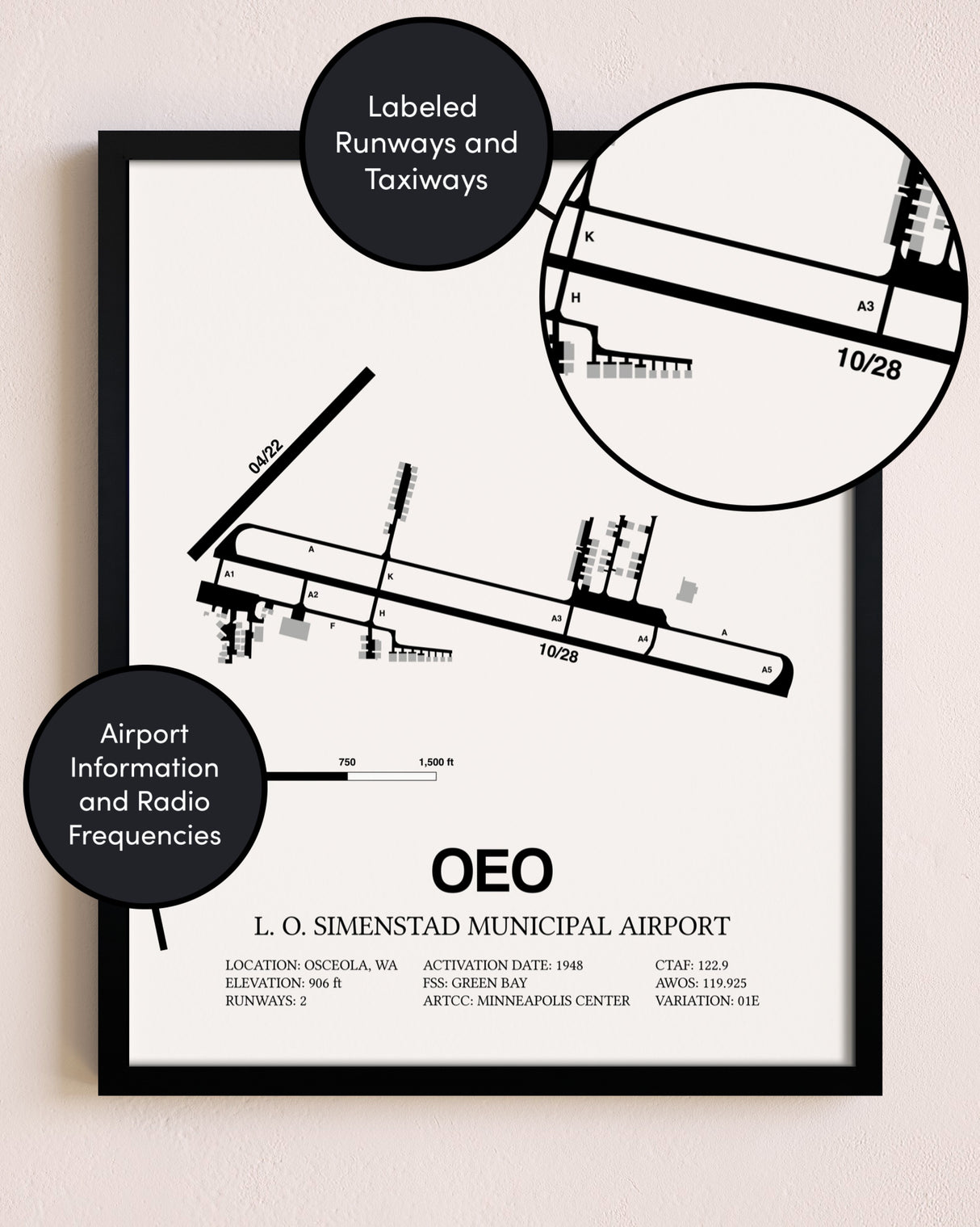 Framed L. O. Simenstad Municipal Airport layout wall art poster