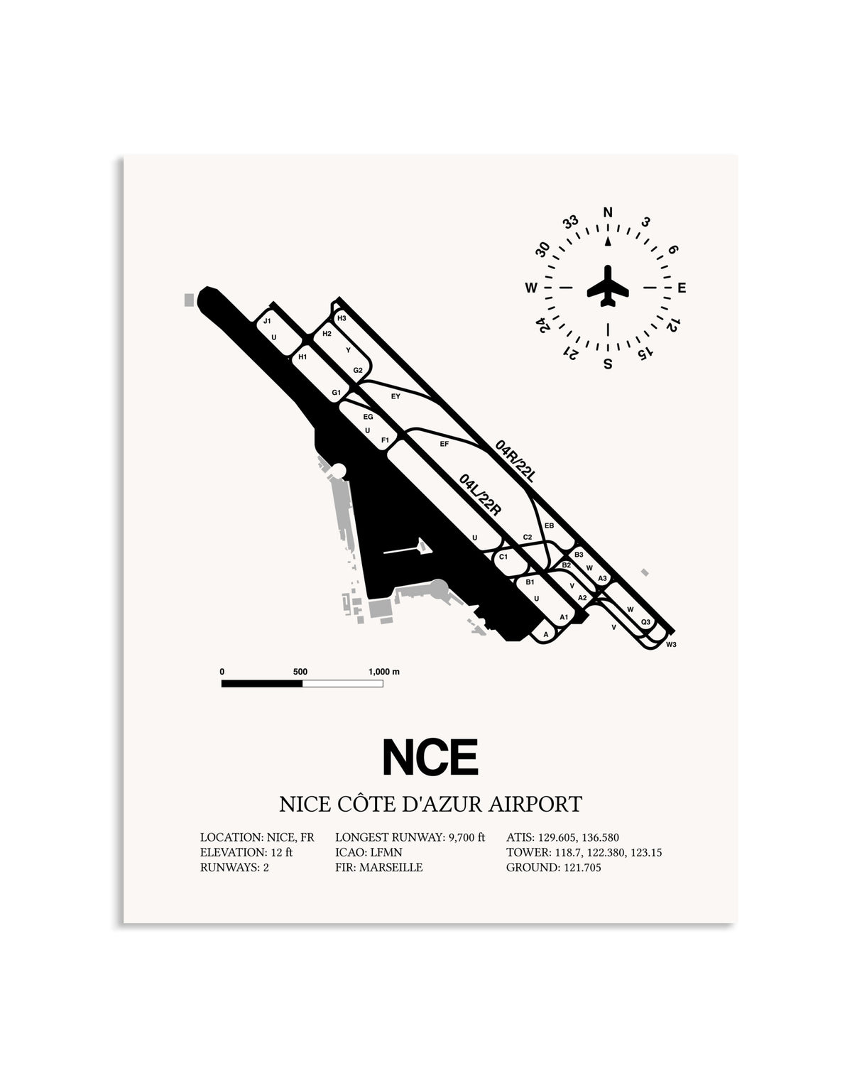 Gray Nice Cote D'Azur Airport framed poster displayed in an airplane hangar