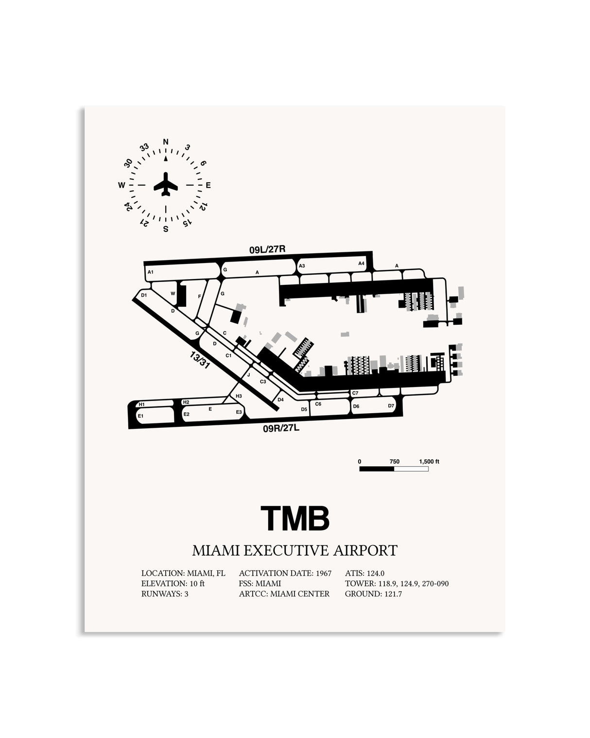 Gray Miami Executive Airport framed poster displayed in an airplane hangar