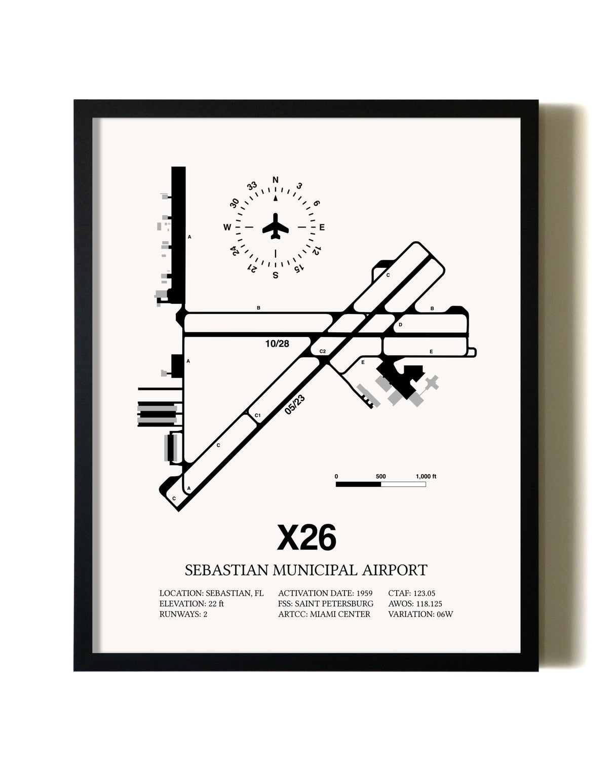 Framed Sebastian Municipal Airport wall art poster in black frame