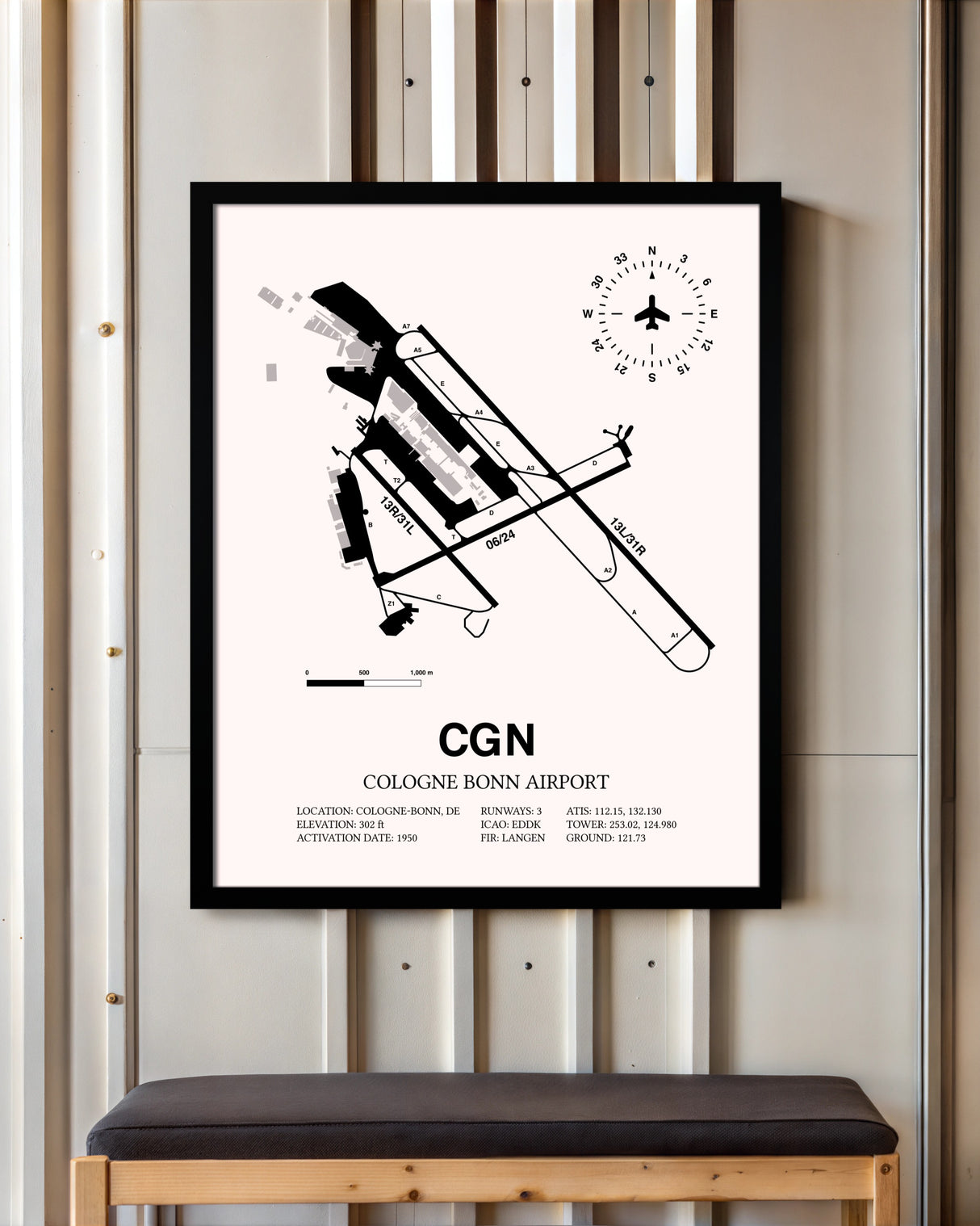 Cologne Bonn Airport framed poster displayed in an airplane hangar