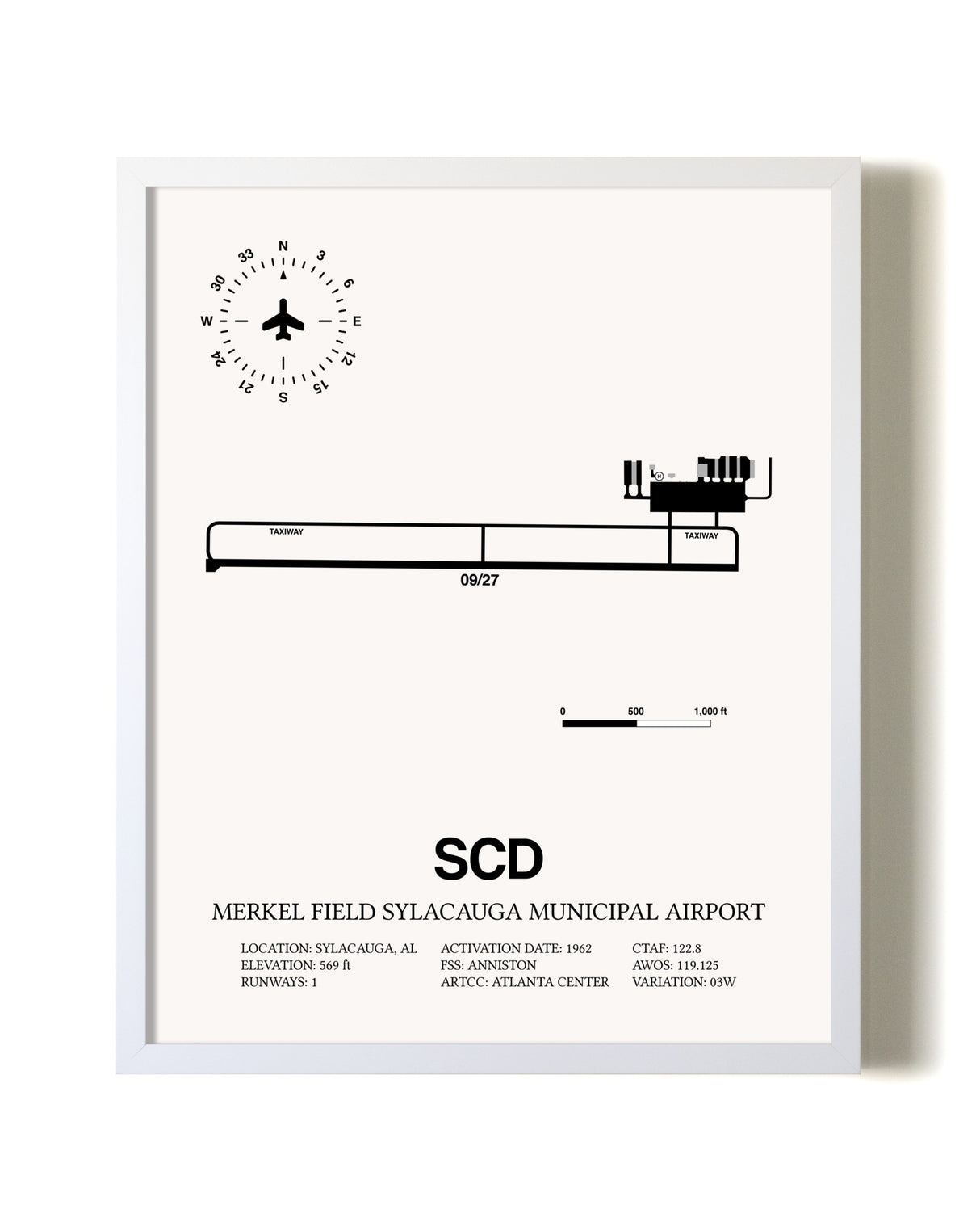 Merkel Field Sylacauga Municipal Airport airport map poster in oak frame