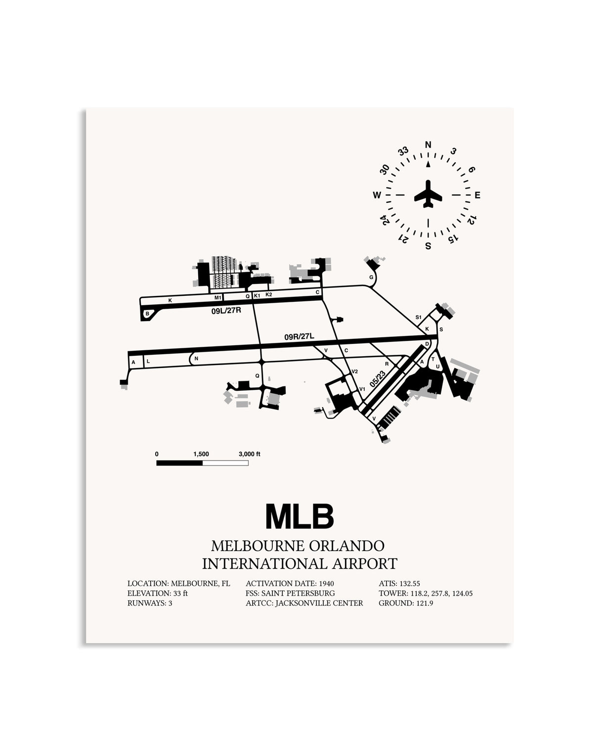 Gray Melbourne Orlando International Airport framed poster displayed in an airplane hangar
