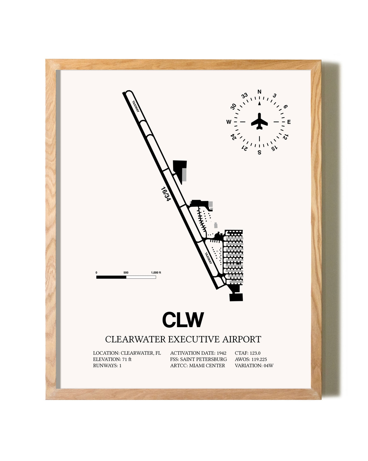 Clearwater Executive Airport framed print in natural wood frame