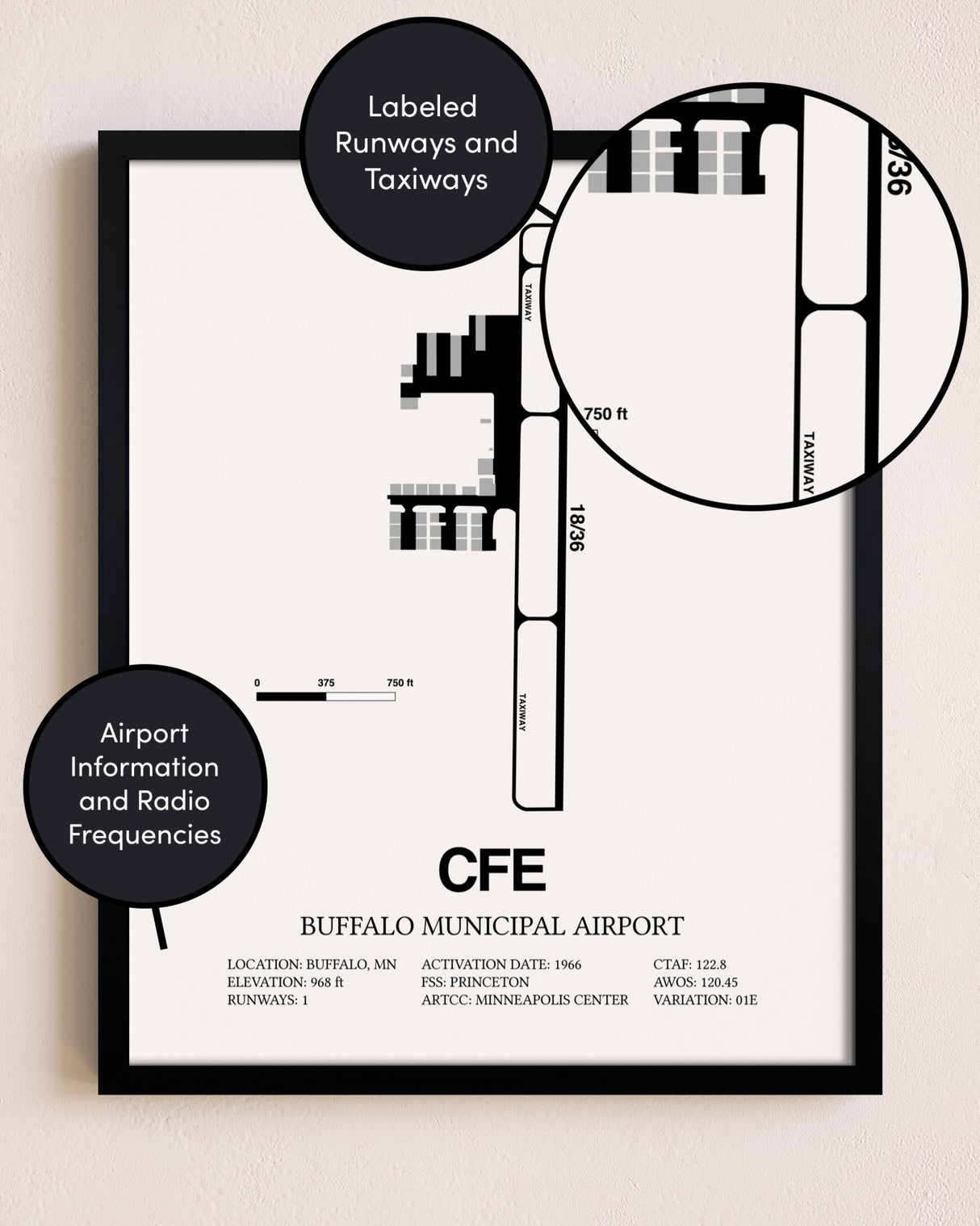 Framed Buffalo Municipal Airport layout wall art poster