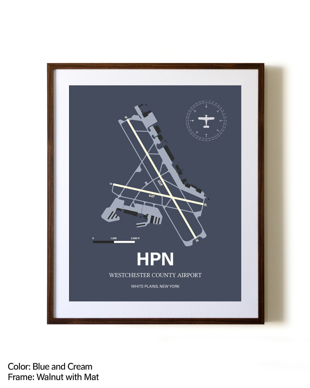 Westchester County Airport aviation print in walnut frame with mat