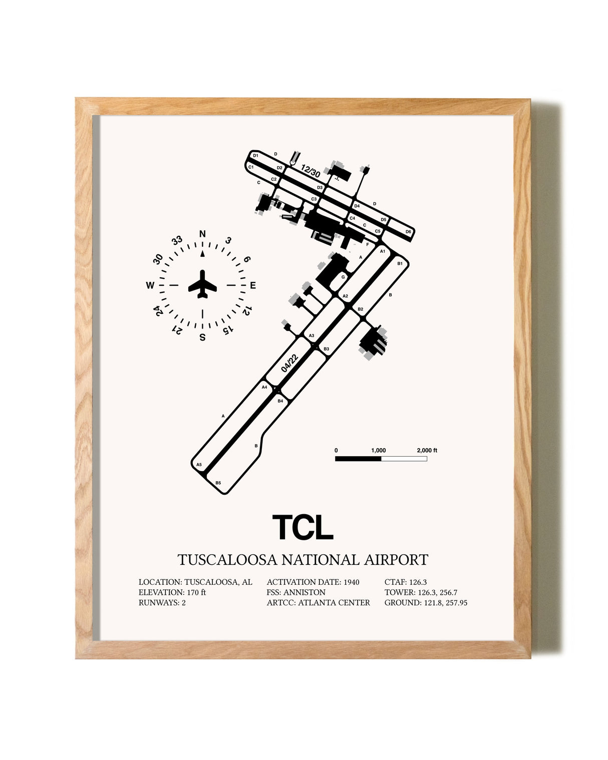Tuscaloosa National Airport framed print in natural wood frame