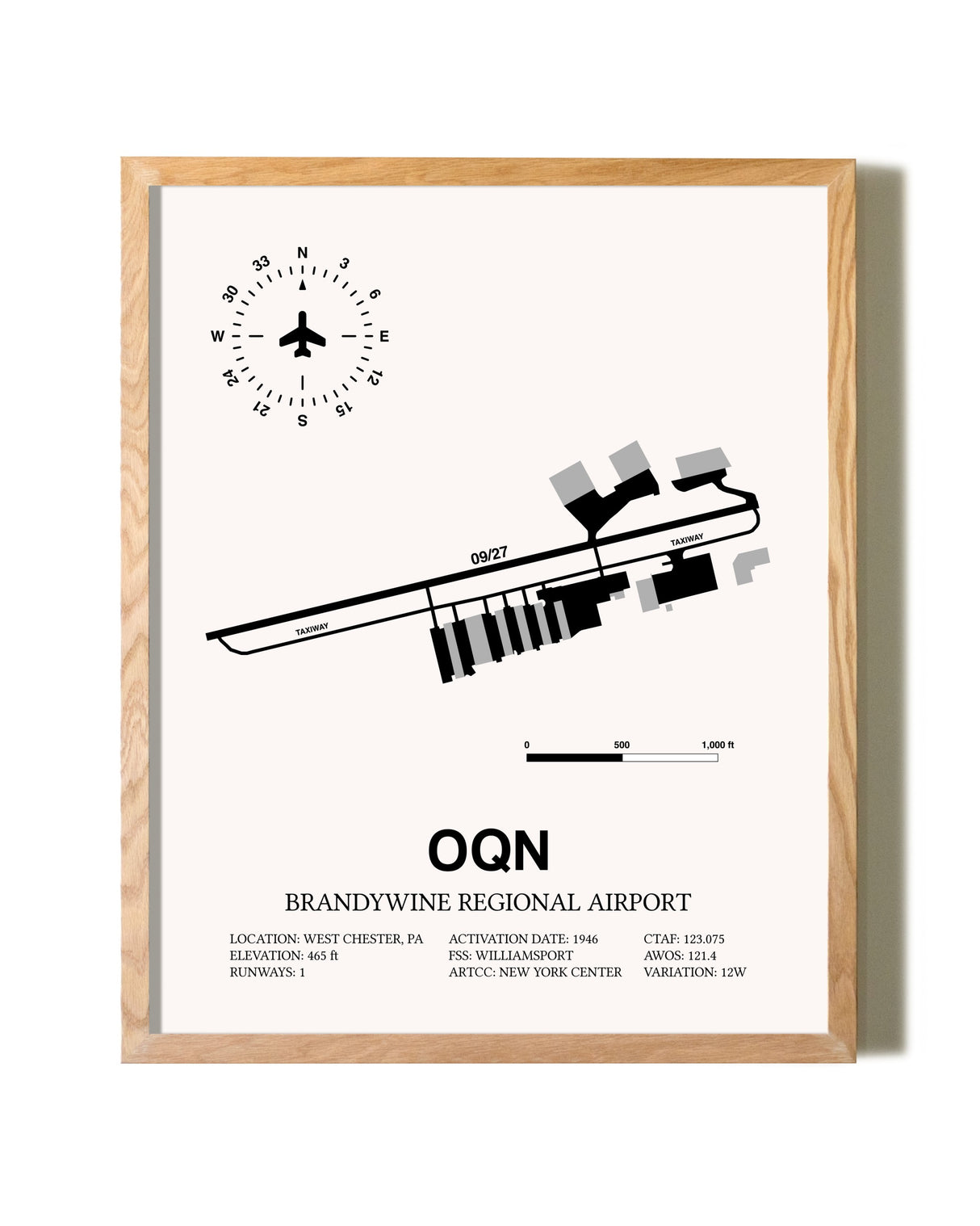 Brandywine Regional Airport framed print in natural wood frame