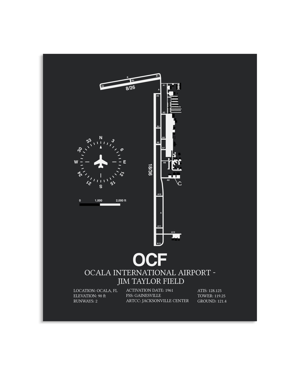 Gray Framed Ocala International Airport-Jim Taylor Field layout wall art poster
