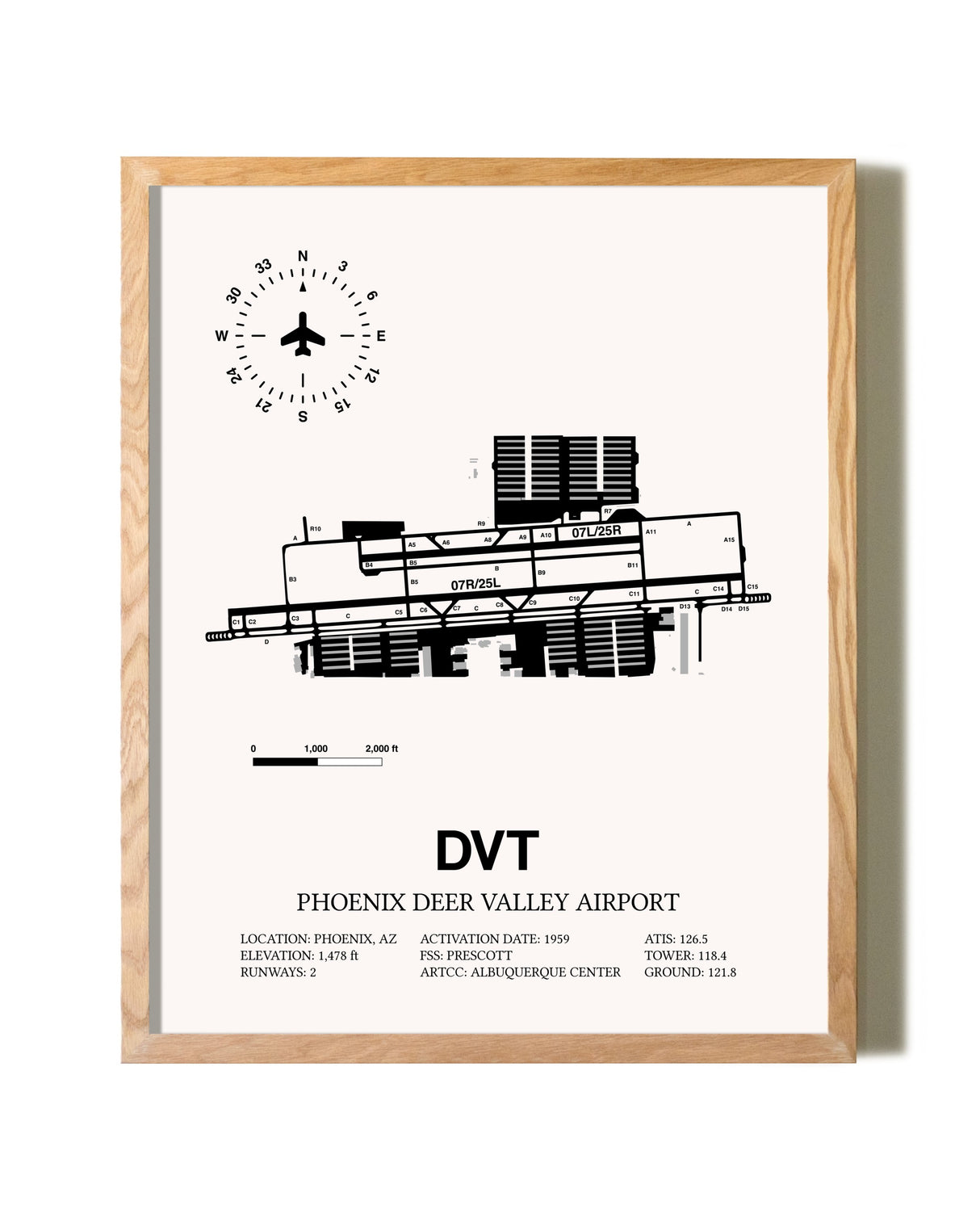 Phoenix Deer Valley Airport framed print in natural wood frame