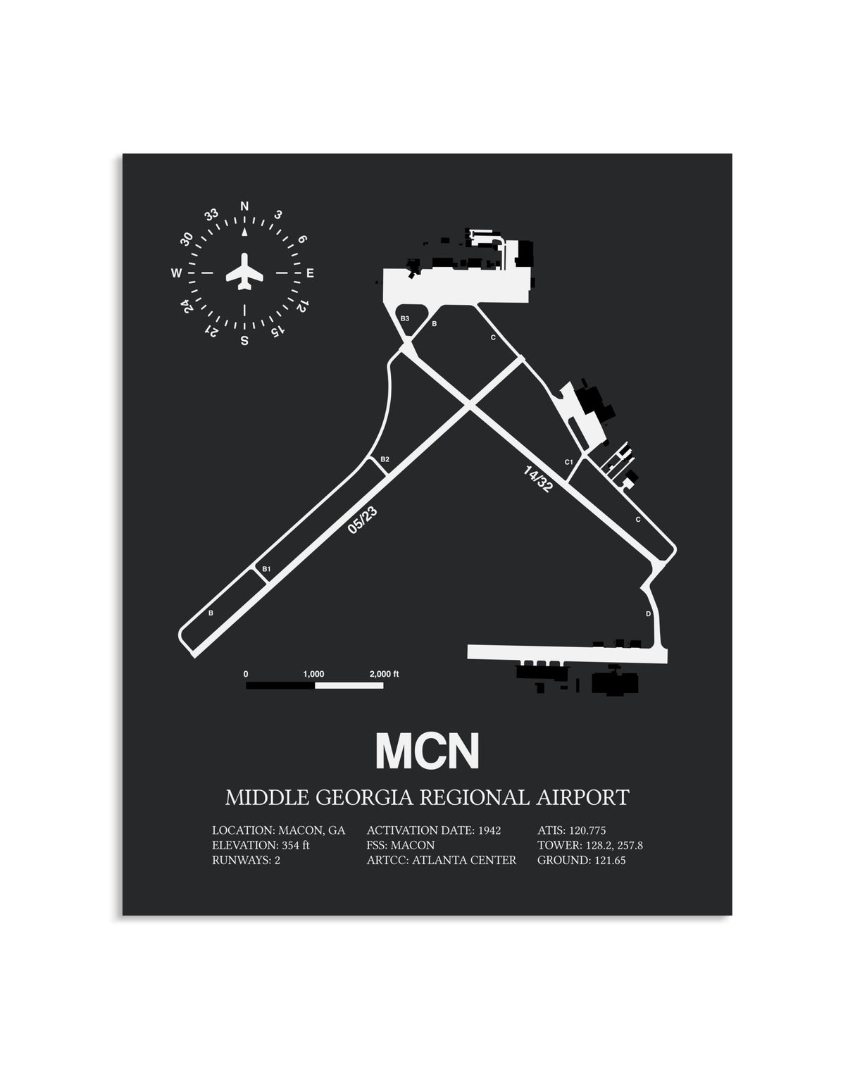 Gray Framed Middle Georgia Regional Airport layout wall art poster