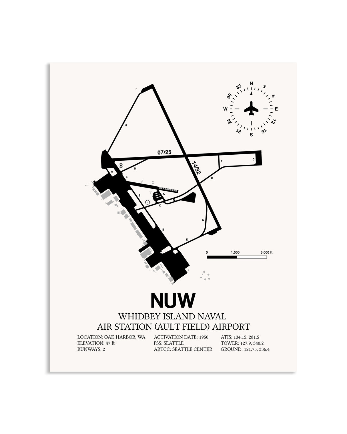 Gray Whidbey Island Naval Air Station (Ault Field) Airport framed poster displayed in an airplane hangar