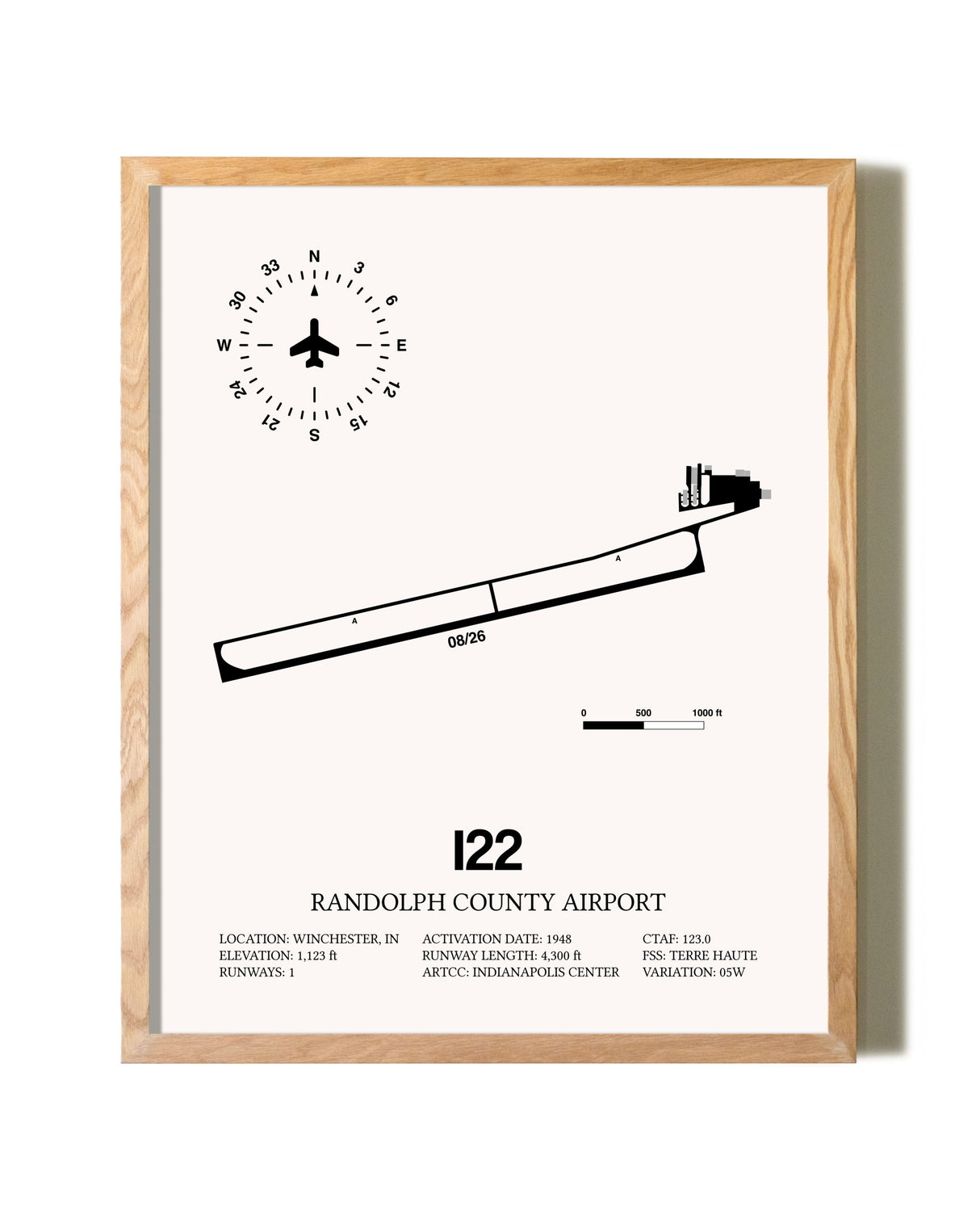 Randolph County Airport framed print in natural wood frame