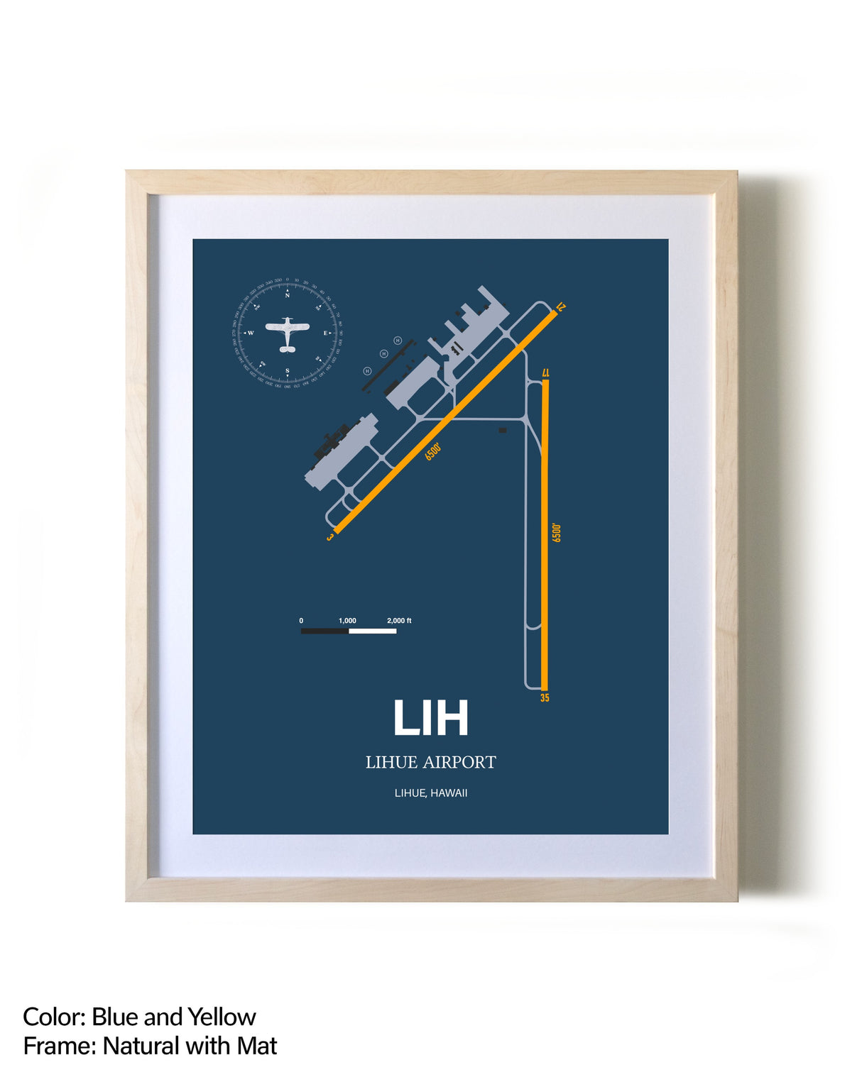 Lihue Airport framed print in natural wood frame with mat