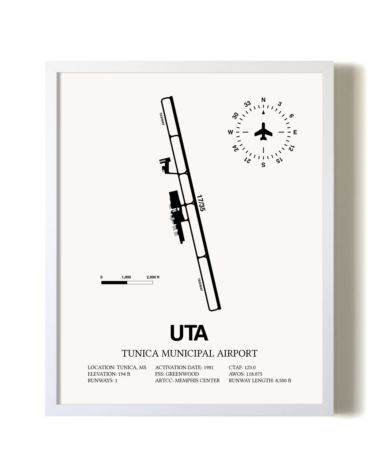 Tunica Municipal Airport airport map poster in oak frame
