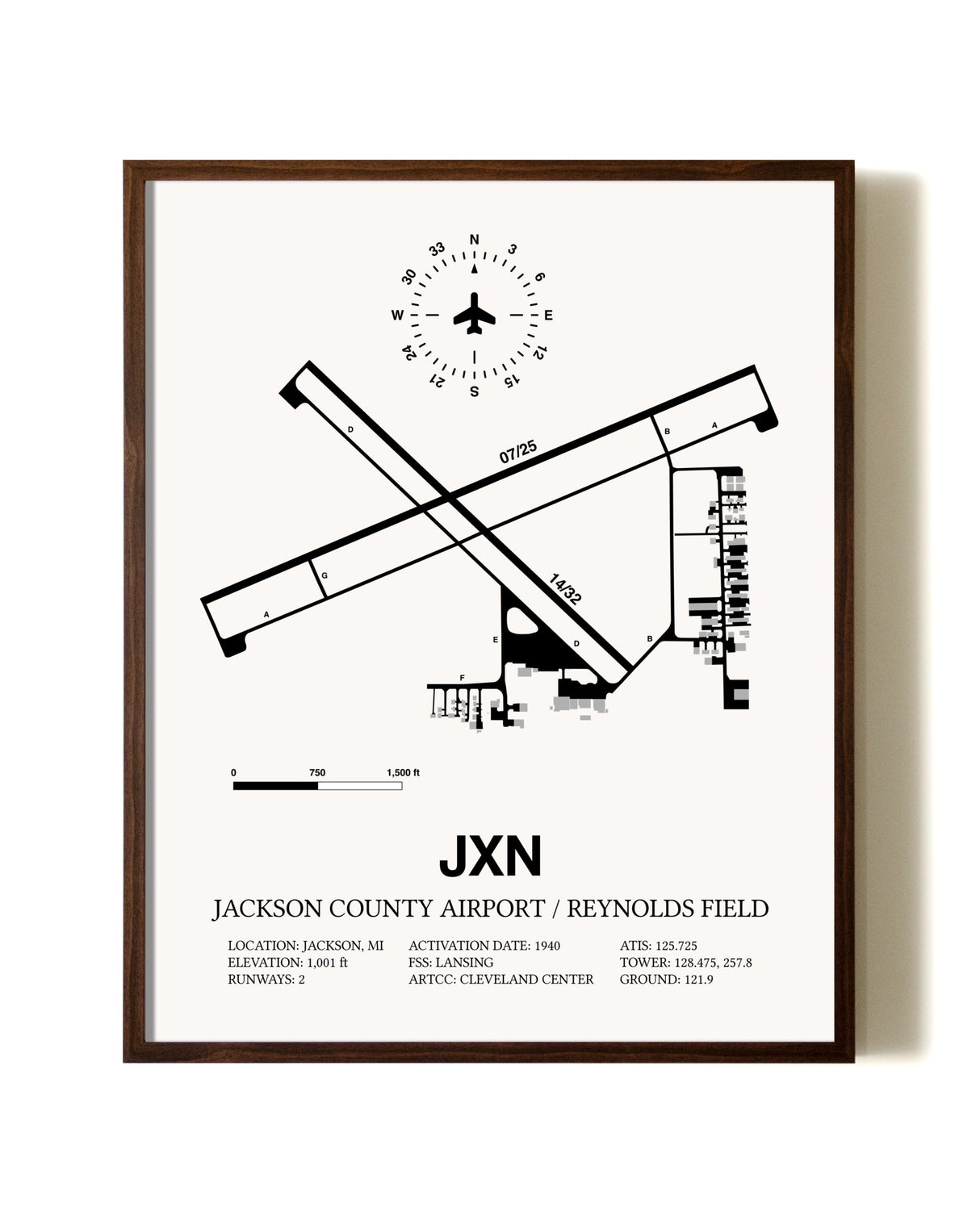 Jackson County Airport / Reynolds Field aviation print in walnut frame