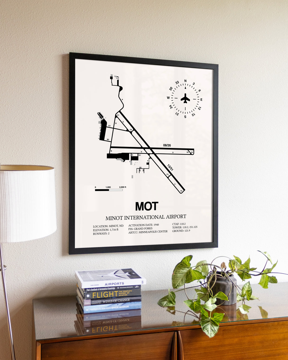 Minot International Airport aviation wall décor in black wood frame