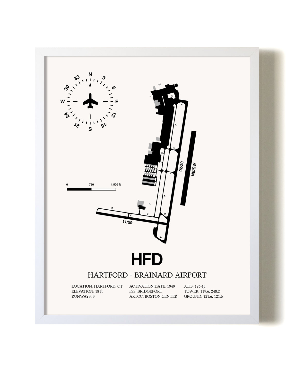 Hartford-Brainard Airport airport map poster in oak frame