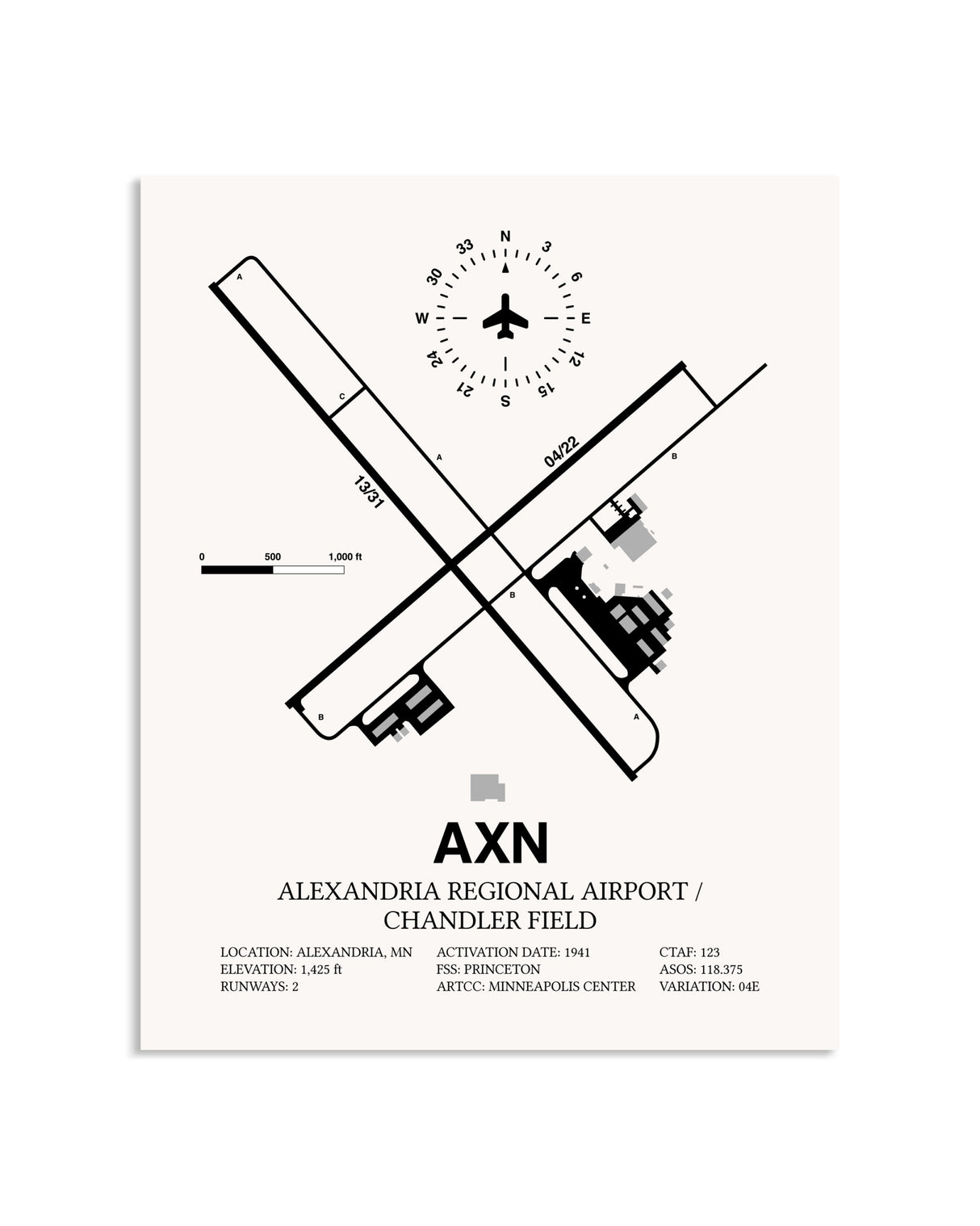Gray Alexandria Regional Airport / Chandler Field framed poster displayed in an airplane hangar