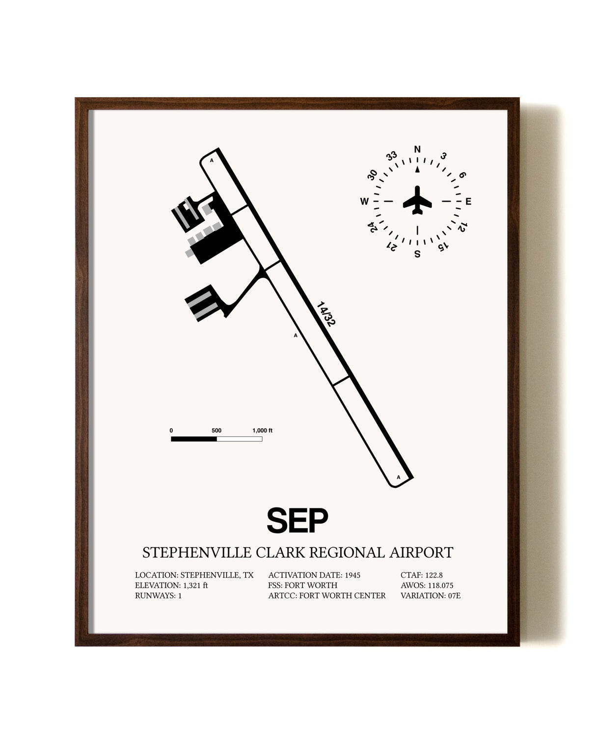 Stephenville Clark Regional Airport aviation print in walnut frame