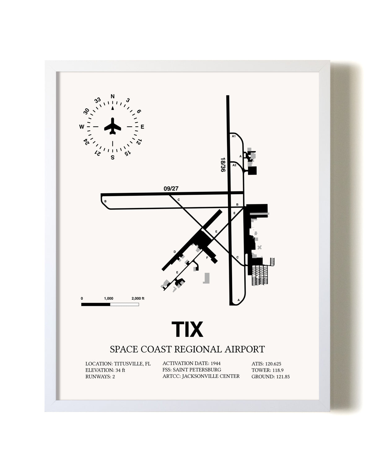 Space Coast Regional Airport airport map poster in oak frame