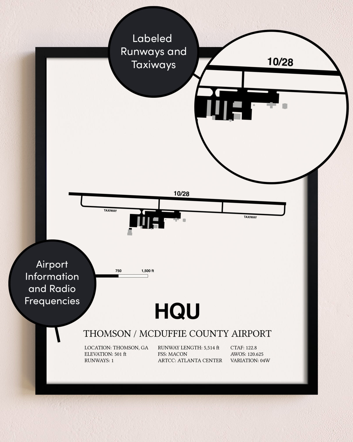 Framed Thomson / McDuffie County Airport layout wall art poster