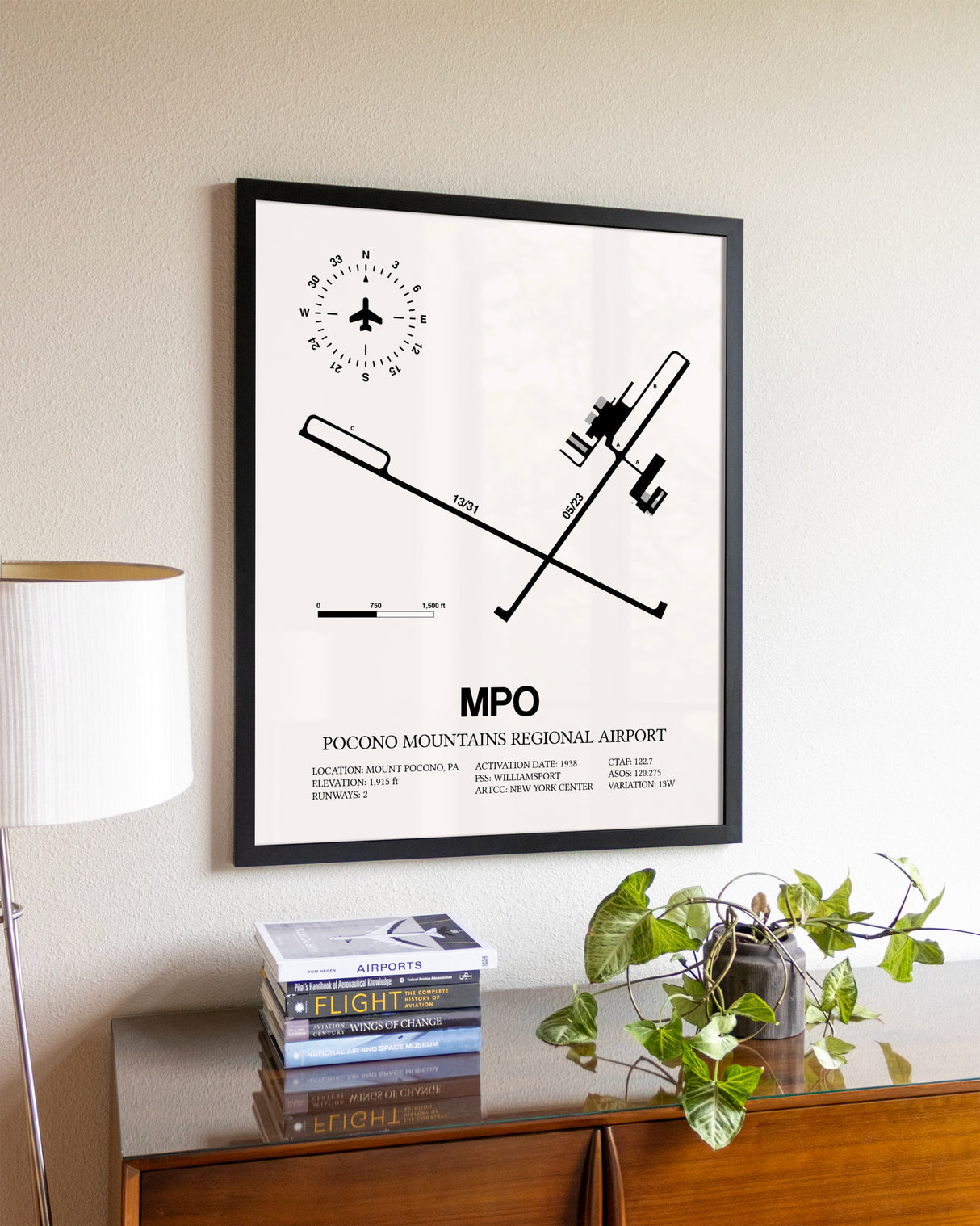 Pocono Mountains Regional Airport aviation wall décor in black wood frame