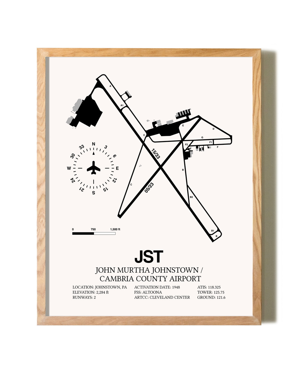 John Murtha Johnstown / Cambria County Airport framed print in natural wood frame