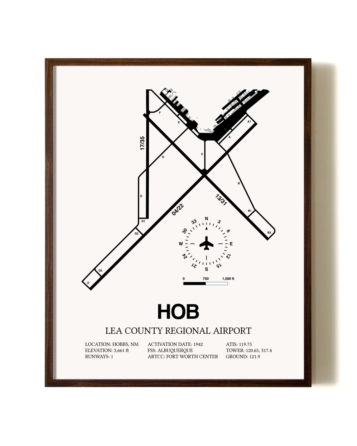 Lea County Regional Airport aviation print in walnut frame