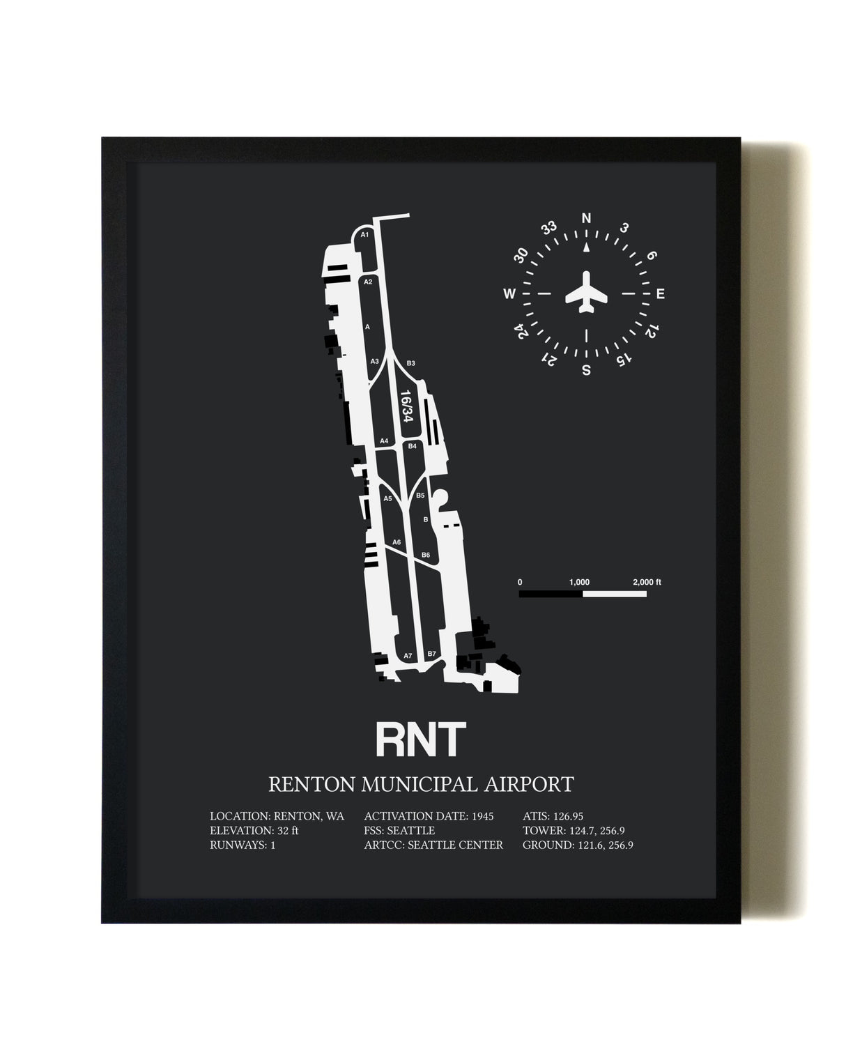 Unframed Renton Municipal Airport map print poster