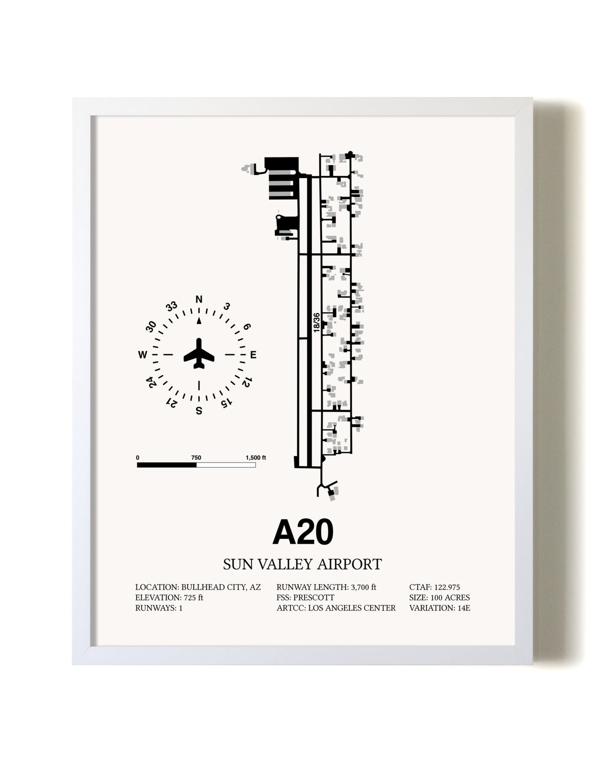 Sun Valley Airport airport map poster in oak frame