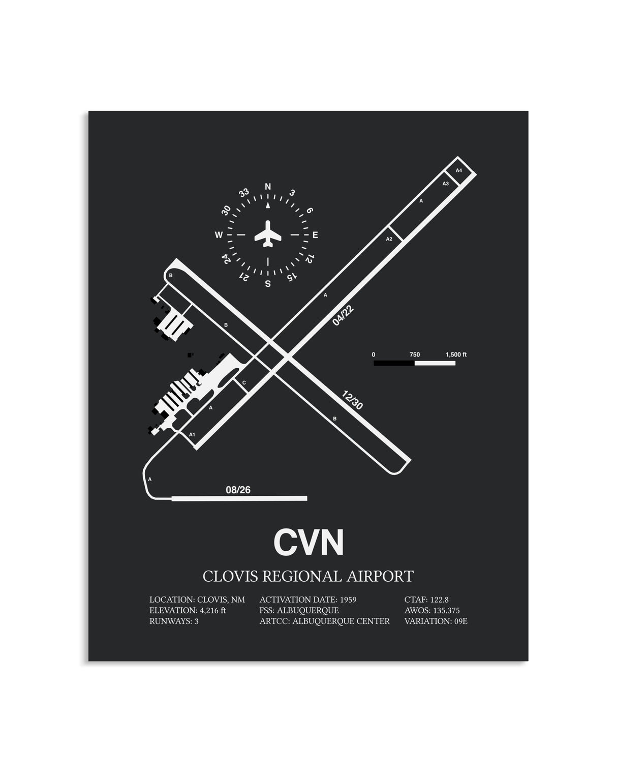Gray Framed Clovis Regional Airport layout wall art poster