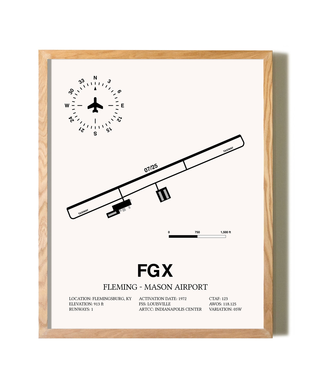 Fleming-Mason Airport framed print in natural wood frame