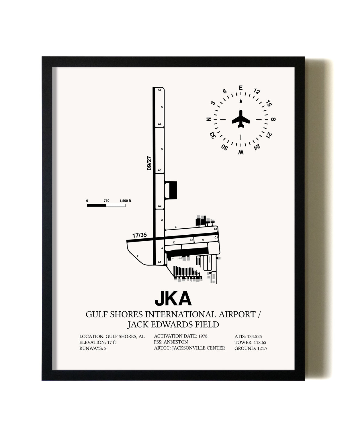 Framed Gulf Shores International Airport / Jack Edwards Field wall art poster in black frame