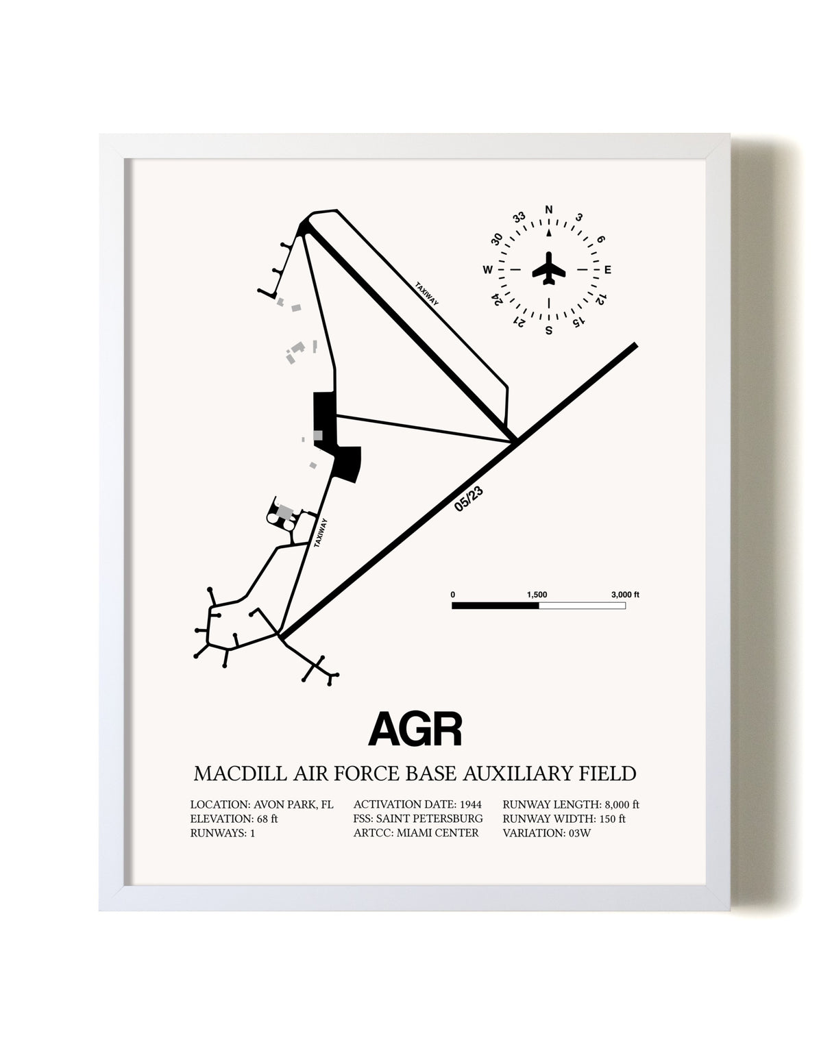 MacDill Air Force Base Auxiliary Field airport map poster in oak frame