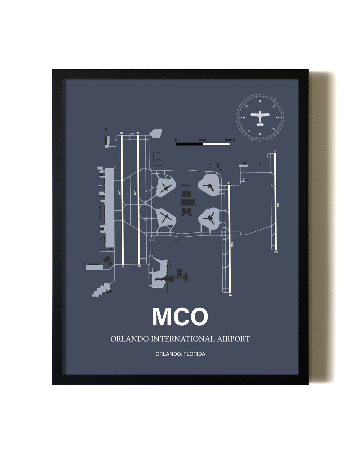 Blue and Cream Framed Orlando International Airport layout wall art poster
