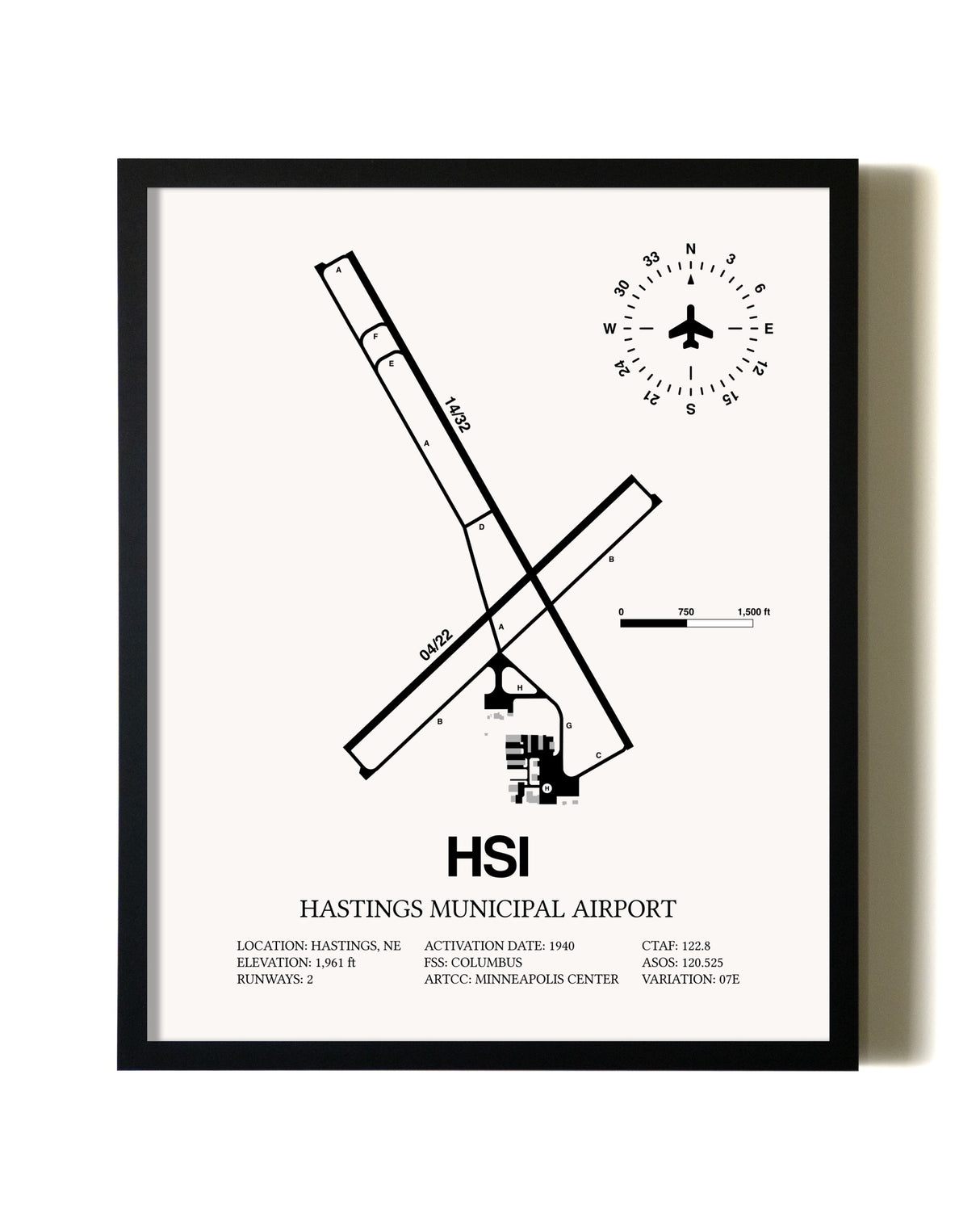 Framed Hastings Municipal Airport wall art poster in black frame