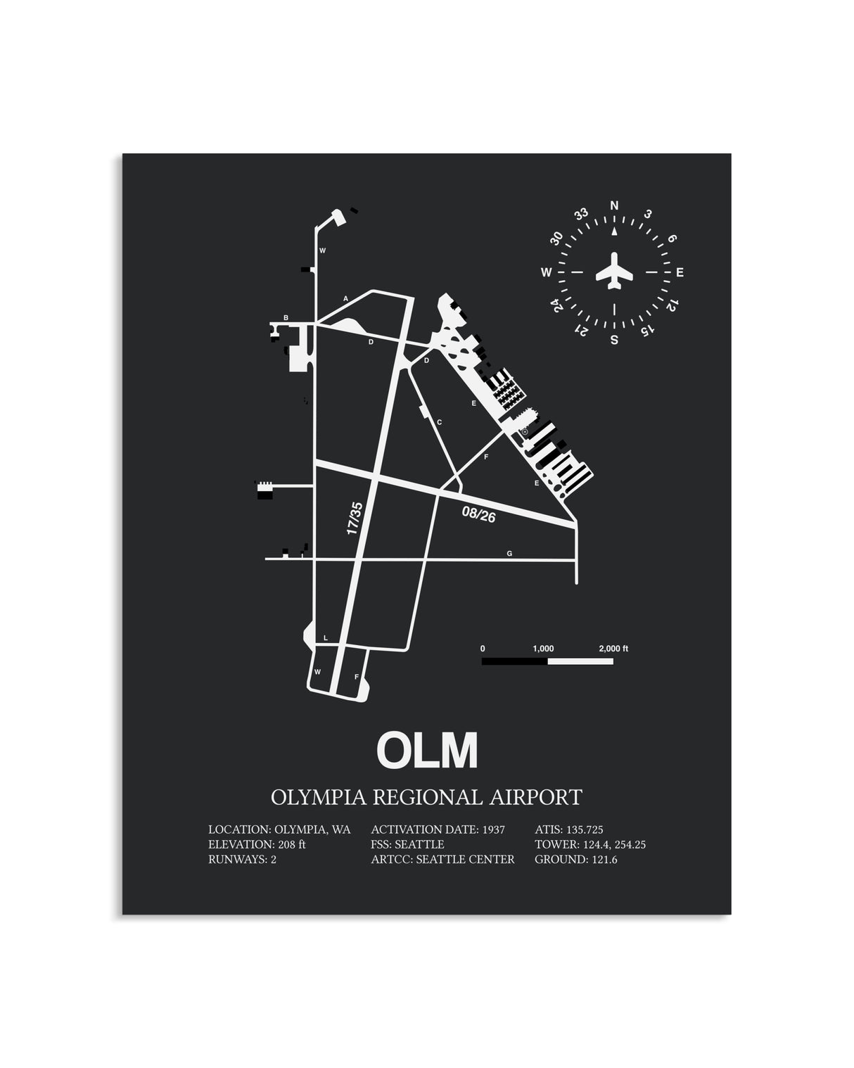 Gray Framed Olympia Regional Airport layout wall art poster