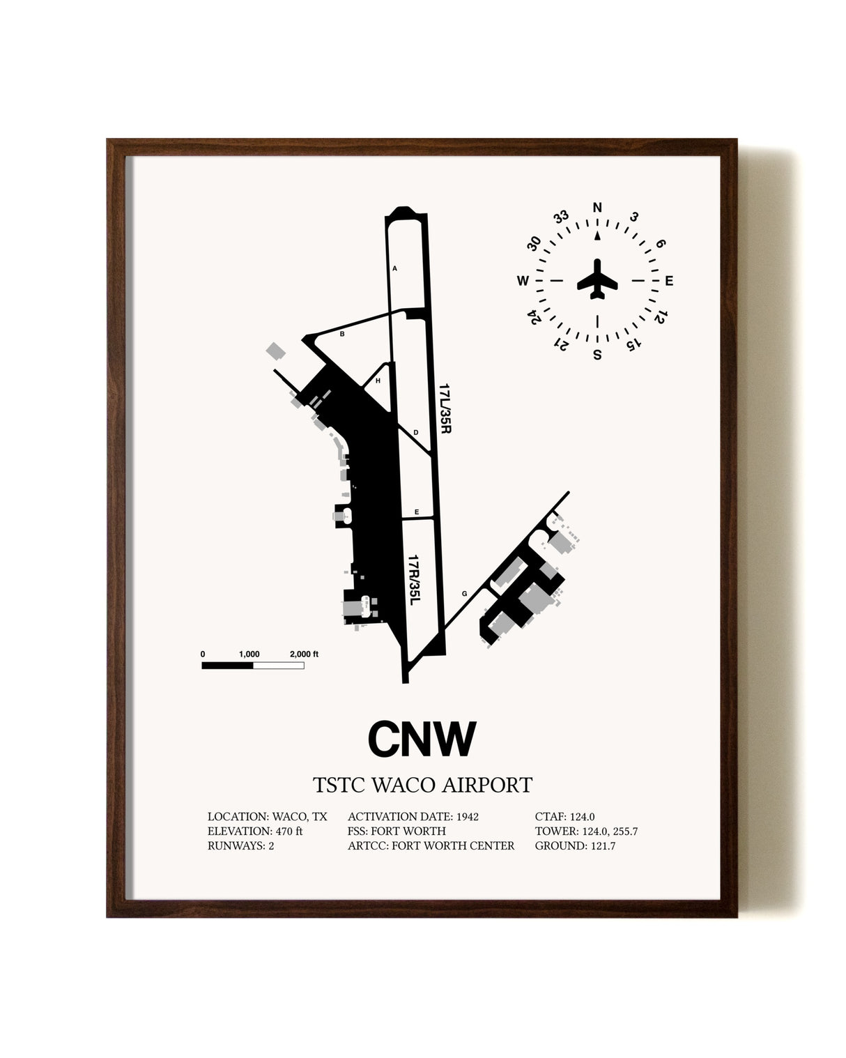 TSTC Waco Airport aviation print in walnut frame