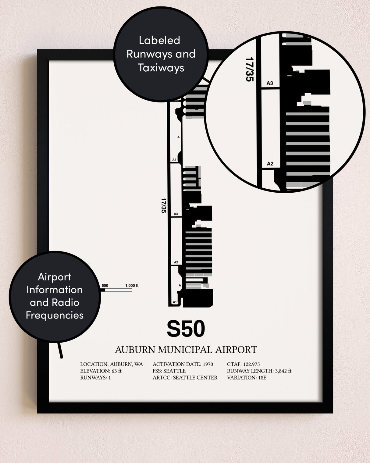 Framed Auburn Municipal Airport layout wall art poster