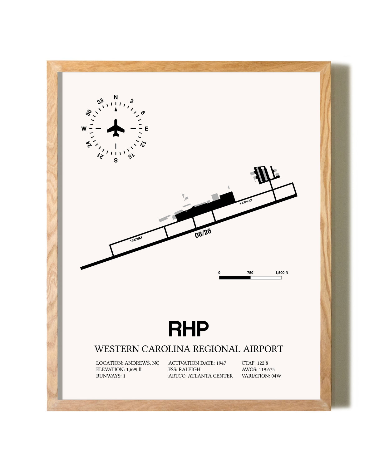 Western Carolina Regional Airport framed print in natural wood frame
