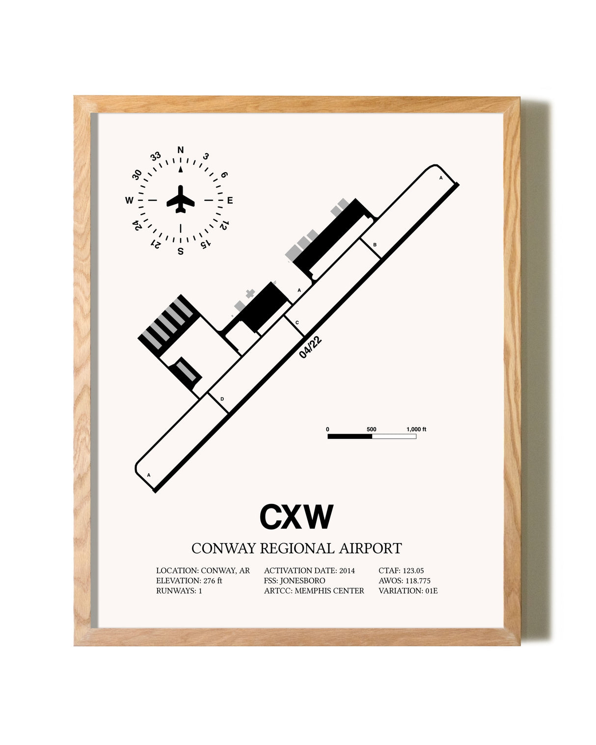 Conway Regional Airport framed print in natural wood frame