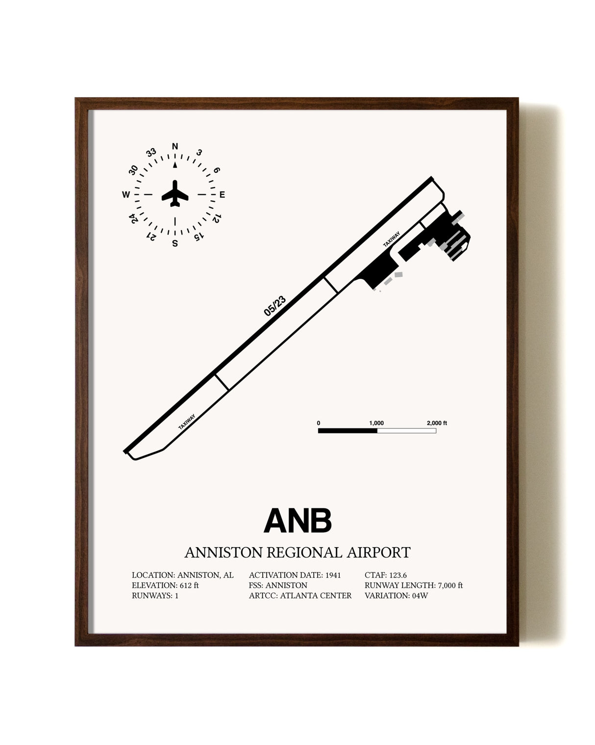 Anniston Regional Airport aviation print in walnut frame