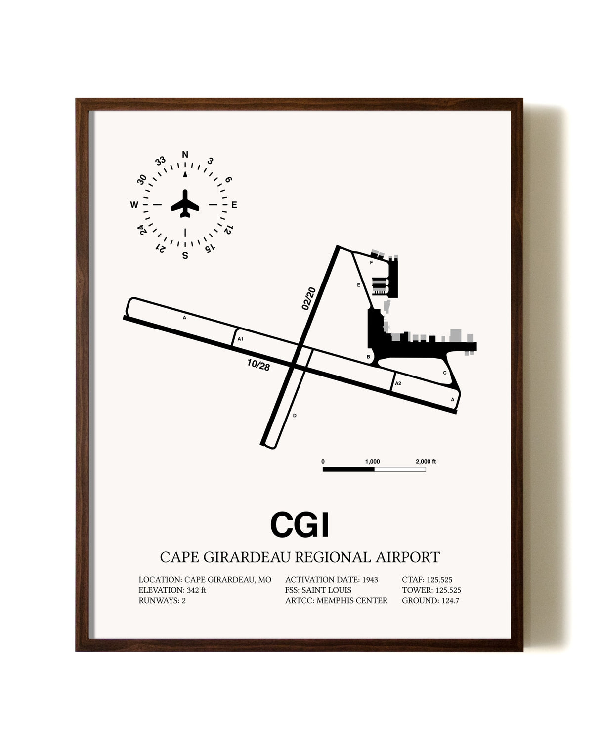 Cape Girardeau Regional Airport aviation print in walnut frame