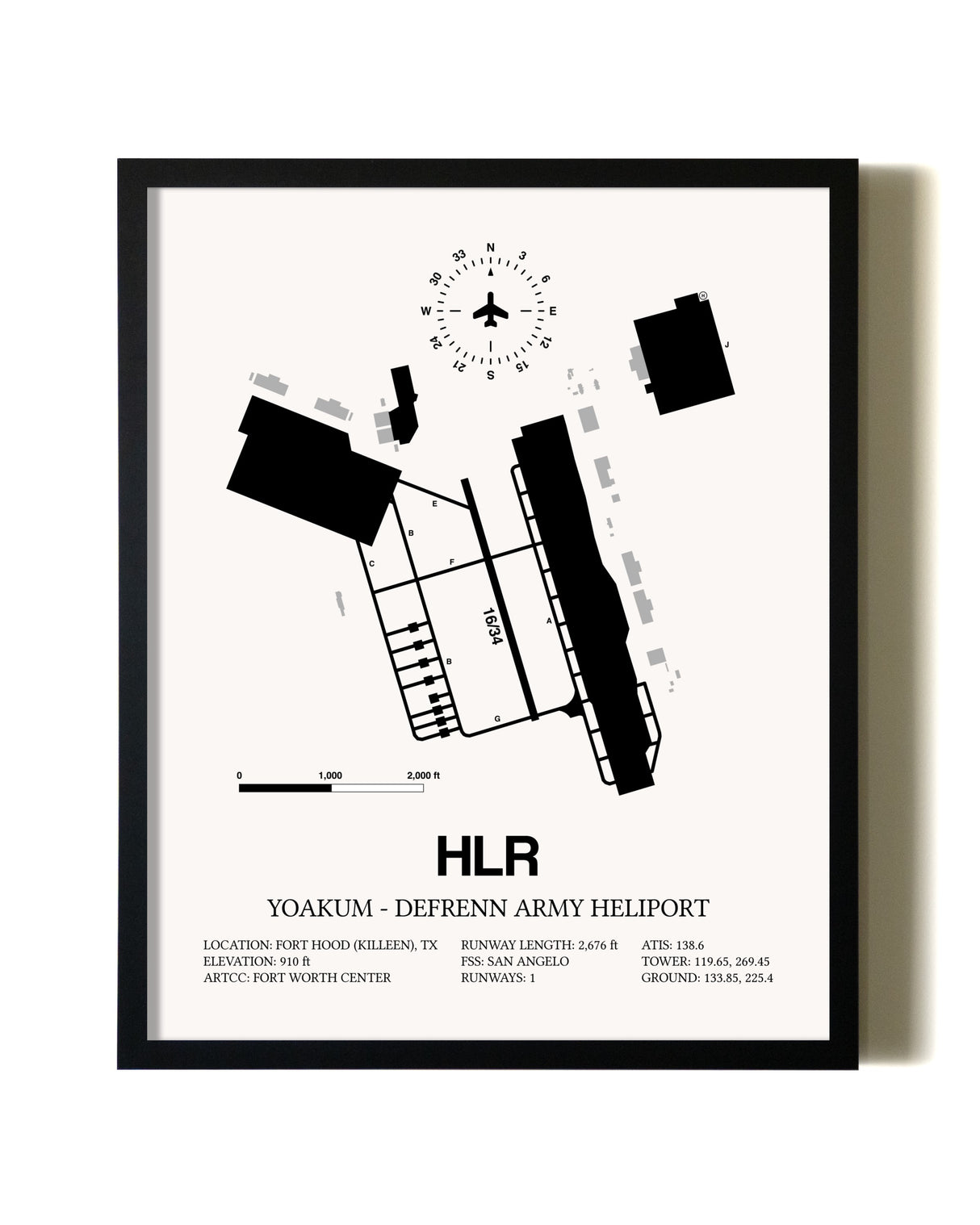 Framed Yoakum-Defrenn Army Heliport wall art poster in black frame