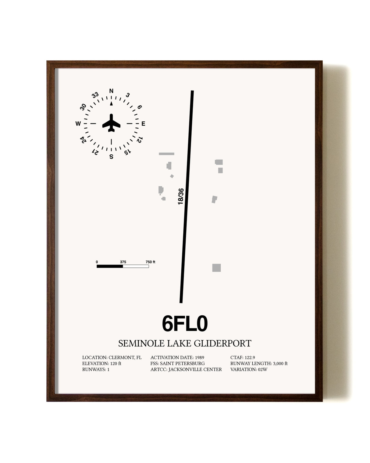 Seminole Lake Gliderport aviation print in walnut frame