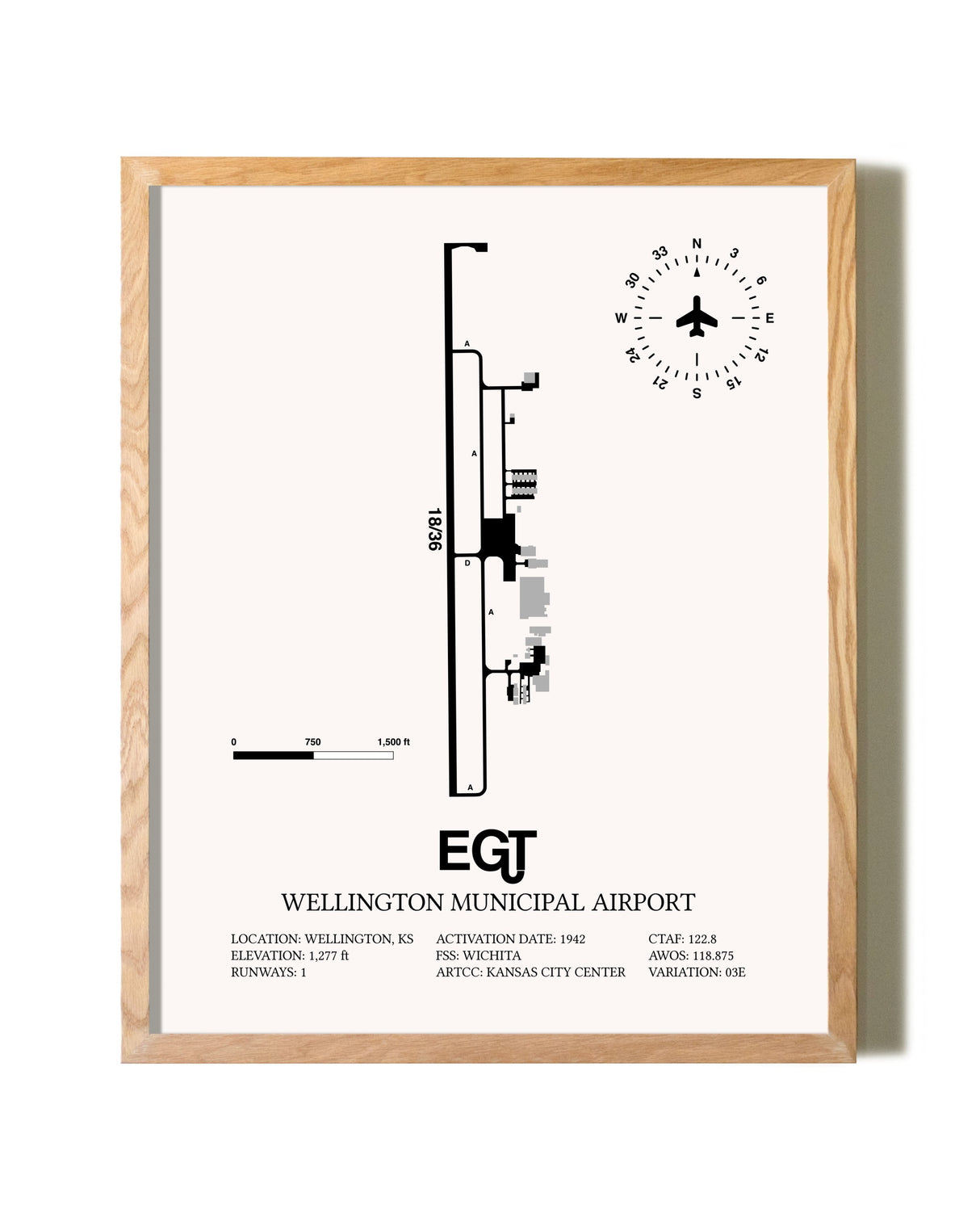 Wellington Municipal Airport framed print in natural wood frame