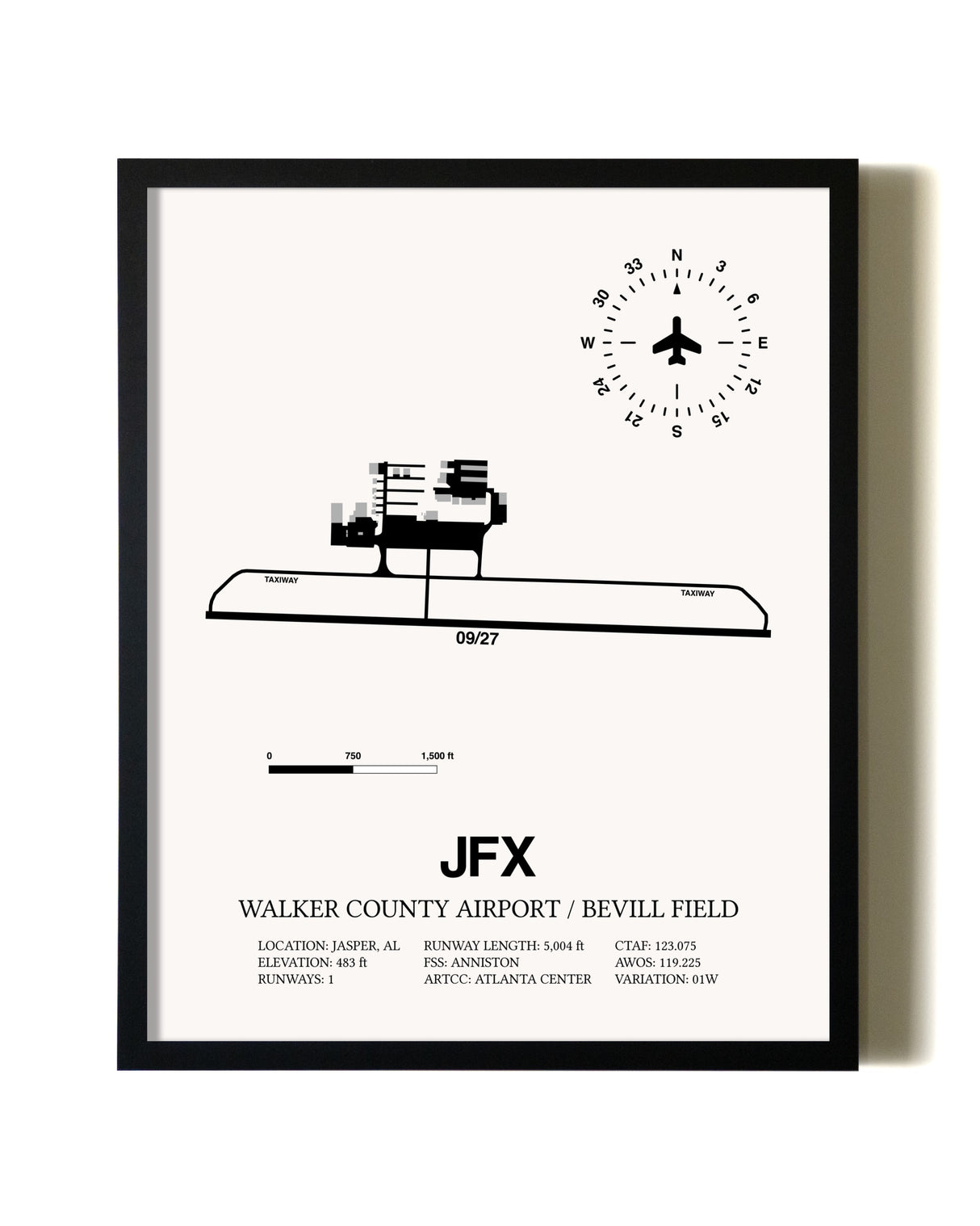 Framed Walker County Airport / Bevill Field wall art poster in black frame